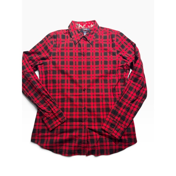 Chaps Tops - Chaps Womens Red Black Plaid No Iron Button Down Shirt Long Sleeve Size Medium